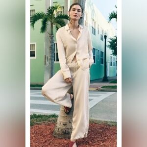 Zara Cream Wide-Leg Satin Pants